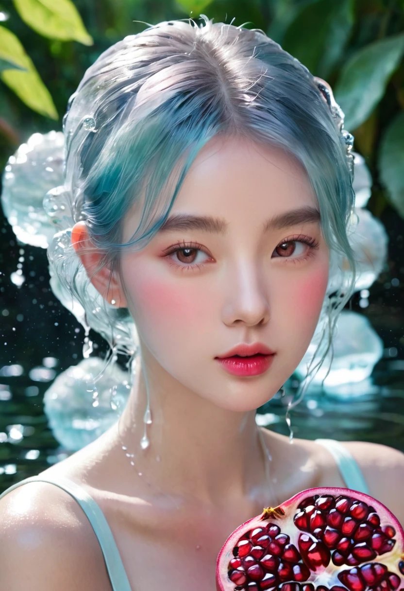 Summer Pomegranate Girl,Dopamine age, Cool summer days,Ice cubes,The watery girl,Delicate skin,Hydration,Shiny,Shiny,dream,Front view,bust,pearl,Pomegranate fruit