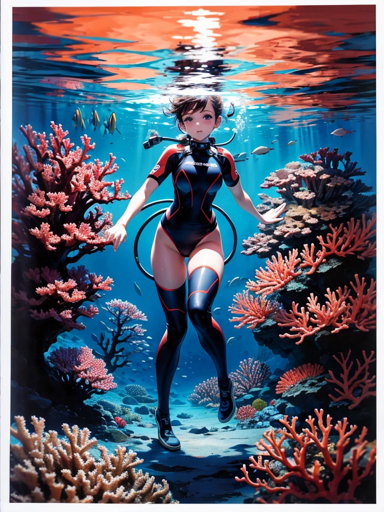 Highest quality,Highest Resolution,Beautiful girl scuba diving in the deep sea,High leg,Beautiful coral,