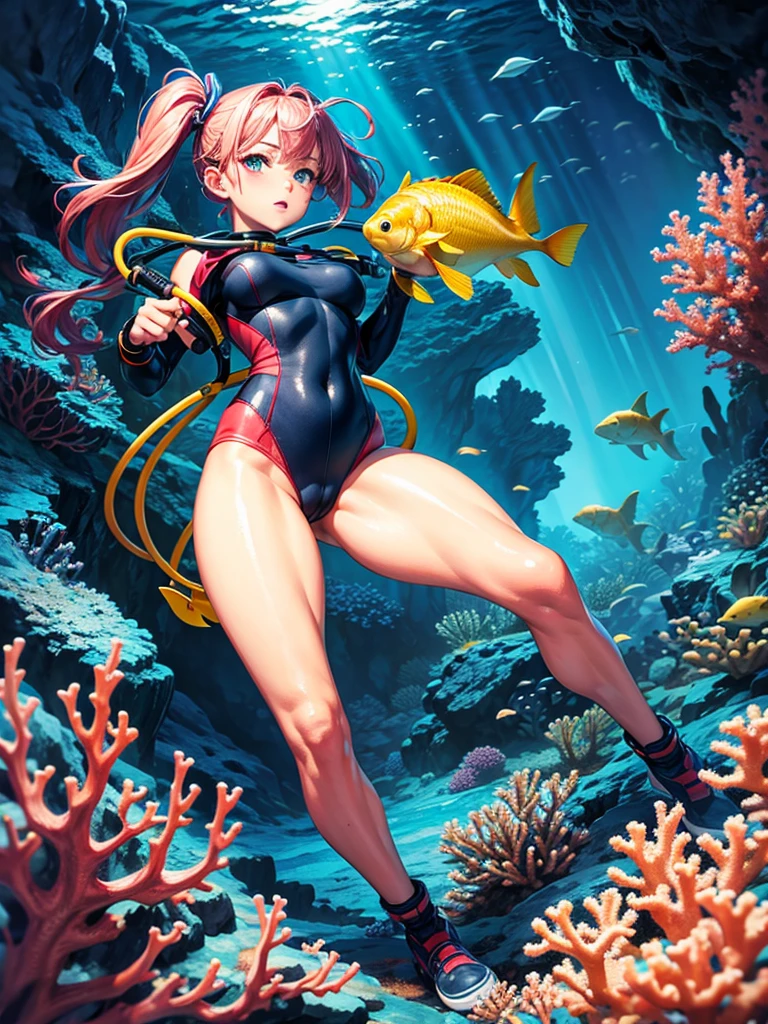 Highest quality,Highest Resolution,Beautiful girl scuba diving in the deep sea,High leg,Beautiful coral,