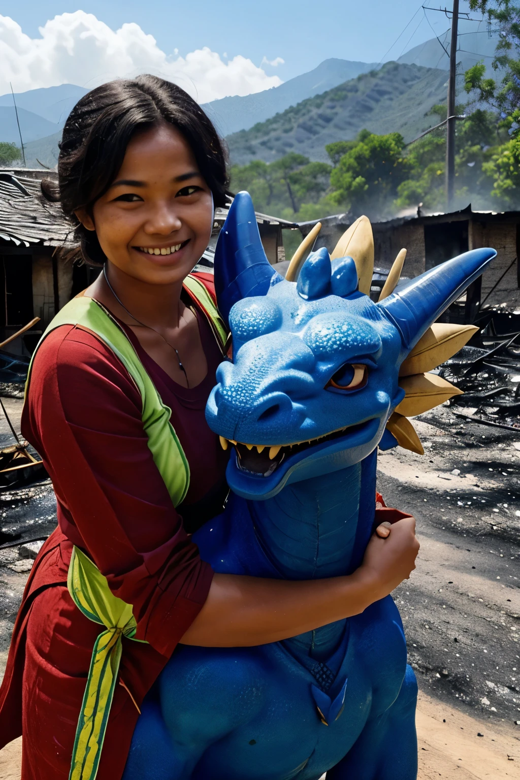 Villagers smiling and thanking a blue dragon for saving there lives from a fire