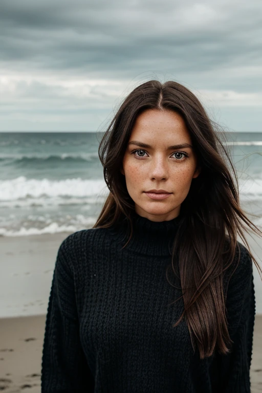 Scandinavian woman, wind blowing, beach, long hair, cool expression, 38 years old, looking left, filming, cloudy sky, black knitted clothing, black hair, freckles