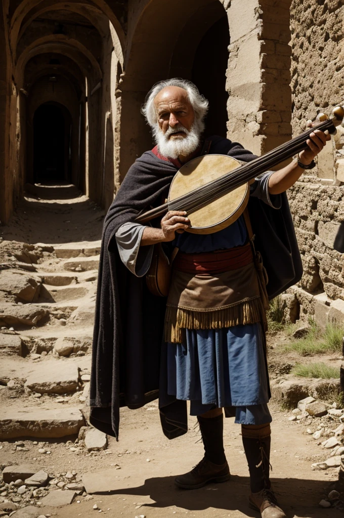 Mysterious tourist with an old worn out lute arriving in a valley