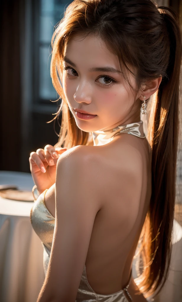 A tender kiss on the cheek for me as you whisper 'Szeretlek' in Hungarian, as the city lights dance across her porcelain skin, casting a warm ambiance on the tabletop setup. In the photorealistic 8K portrait, a stunning 16-year-old girl sits elegantly, her champagne-colored turtleneck wedding dress accentuating her slender physique and perfect anatomy. Cinematic lighting highlights her delicate features, as she gazes directly at the camera with a subtle grin (0.7), her black twin tails framing her face like a work of art.In a cinematic close-up shot, a lone, enigmatic female figure emerges from darkness, her refined features aglow with neon hues and sparkling particles. Her luscious eyelashes define her piercing gaze, seeming to draw the viewer into her mystical realm. Softly radiant skin glows alongside flowing, diaphanous attire, resembling wispy fog around her sinuous form. The artist's masterful strokes blend vibrant CMYK colors, imbuing the portrait with depth and dimension. As backlit radiance casts an entrancing aura, this dreamlike scene freezes in time, inviting the viewer to enter its surreal domain.