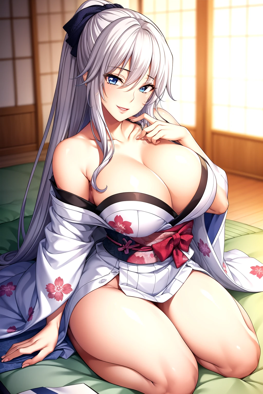 Japanese kimono with floral pattern，Off-shoulder, Silky skin,Full body pictures, White hair,blue Eye,Ponytail, 1 girl, 25 years old,Young women,beautiful Finger,beautiful long legs,beautiful body,beautiful Nose,beautiful character design, perfect Eye, perfect Face,expressive Eye,Perfect balance, Looking at the audience,(Focus on her Face),housing, (Innocent_Big goals_Eye:1.0),Light_Smile, Official Art,Very detailed CG unity 8k wallpaper, Perfect lighting,rich and colorful, bright_front_Face_Lighting,Light skin, (masterpiece:1.0),(the best_quality:1.0), Ultra-high resolution,4K,Very detailed, photography, 8K, Human Development Report, high resolution, absurd:1.2, Kodak Portrait 400, Film Grain, Blurred background, Bokeh:1.2, Lens Light Halo, (Full of energy_color:1.2),专业photography师, (beautiful,Chest), (beautiful_Face:1.5),(narrow_waist),Smile, Happy