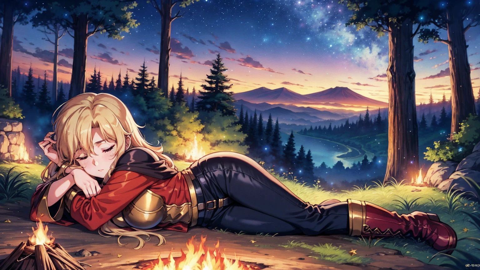 A human female adventurer camping outdoors in a fantasy game world, illustrated in a Japanese anime style. She is lying down around a campfire with her companions, with long, straight blonde hair. She is dressed in a red tunic, black pants, and boots, along with a blue cloak. Her large, expressive eyes are closed as she sleeps peacefully. The background features a dense, enchanted forest under a starry night sky. The scene is detailed with vibrant colors and a focus on anime aesthetics. 1920x1080 resolution.