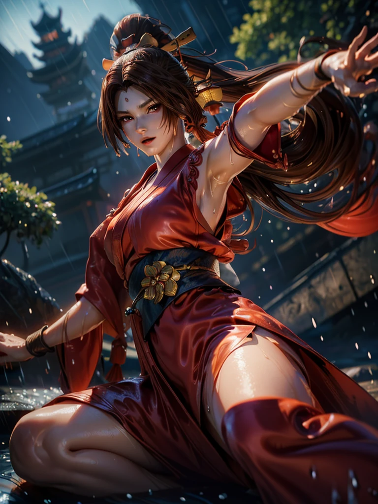 (exquisitely detailed CG unity 8k wallpaper, masterpiece-quality with stunning realism), (best illumination, best shadow), (best quality), (elegant style:1.2), Arti modern anime. angled view, heroic pose, midshot, (cel-shading style:1.3), centered image, ultra detailed closeup portrait of (Mai Shiranui:1) from (King of Fighters), best quality, expressive eyes, perfect face, highres, (ultra details), 1 girl, solo, (brown hair:1), hair ornament, eyeshadow, (gold, white and mainly red qipao:1), highly ornamented, (in Shinjuku, Tokyo:1), portrait, looking at the viewer, piercing eyes, full body, (light from the angle:1) (wind blowing:1.2).(depth of field effects:1.3) (motion action:1.2) (closeup:1.2) (motion blur effects:1), spreading legs, Thin to transparent,see-through, (((Soggy-kimono:1.2))),Lace fabric, (((water-immersed body: 0.9))), jewellery, (lying down:1) (fire in the background:1.1), (asian face:1.2), (nail polish:.6), (makeup:.8), (arms down:1) (2 legs:1), (2 arms:1), (2 hands:1), (fighting battle stance:1), (ready to fight:1)