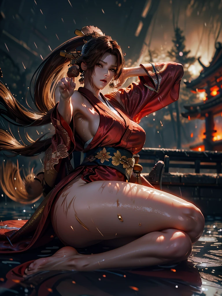 (exquisitely detailed CG unity 8k wallpaper, masterpiece-quality with stunning realism), (best illumination, best shadow), (best quality), (elegant style:1.2), Arti modern anime. angled view, heroic pose, midshot, (cel-shading style:1.3), centered image, ultra detailed closeup portrait of (Mai Shiranui:1) from (King of Fighters), best quality, expressive eyes, perfect face, highres, (ultra details), 1 girl, solo, (brown hair:1), hair ornament, eyeshadow, (gold, white and mainly red qipao:1), highly ornamented, (in Shinjuku, Tokyo:1), portrait, looking at the viewer, piercing eyes, full body, (light from the angle:1) (wind blowing:1.2).(depth of field effects:1.3) (motion action:1.2) (closeup:1.2) (motion blur effects:1), spreading legs, Thin to transparent,see-through, (((Soggy-kimono:1.2))),Lace fabric, (((water-immersed body: 0.9))), jewellery, (lying down:1) (fire in the background:1.1), (asian face:1.2), (nail polish:.6), (makeup:.8), (arms down:1) (2 legs:1), (2 arms:1), (2 hands:1), (fighting battle stance:1), (ready to fight:1)