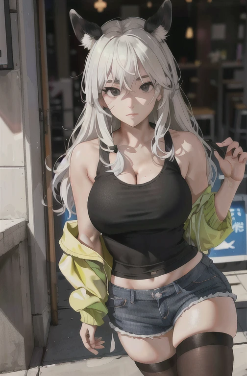 absurd, best quality, 1 Girl, Solitary, Looking at the audience, Eyes Focus,  Lukoadi, Casual CL, shorts, Vest, High Leg Raise, Heterochromia, Eyes Focus, 
ADDCOMM green eyesADDCOL
(black eyes:1.5), 狭缝pupil, smart student, pupil(((Full and soft breasts,)))(((Huge breasts))) (((Cleavage)))