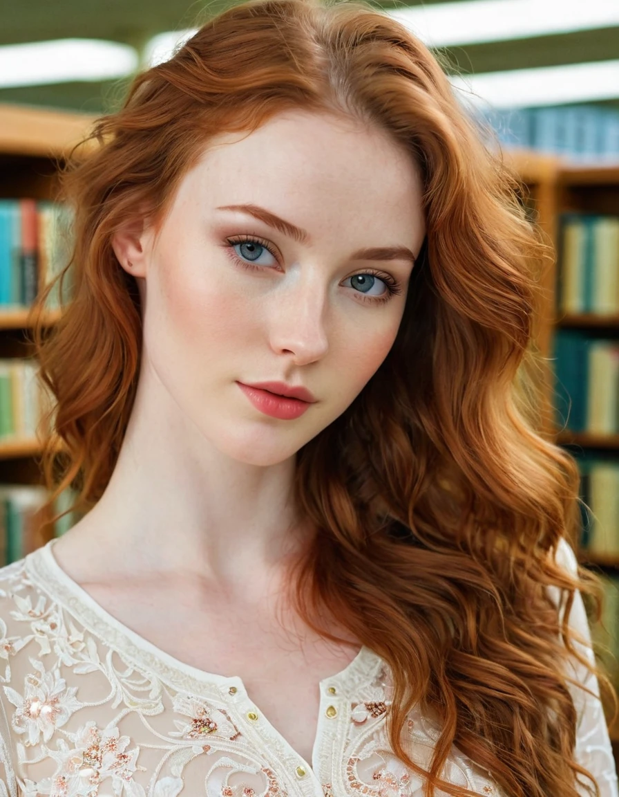 Photography full body portrait of a very beautiful realistic girl,in the library, porcelain skin, very light skin, very pale skin, redhead, wavy, open hair, Detail of skin structure, hazel eyes, Slit eyes, small-nose, small nostril, think of arched eyebrows, thick lower lip, seductive glance, happy face, unique face, Wear a casual dress, detailed photo, foto realista, Masterpiece Image, sharp image, clear daylight outside