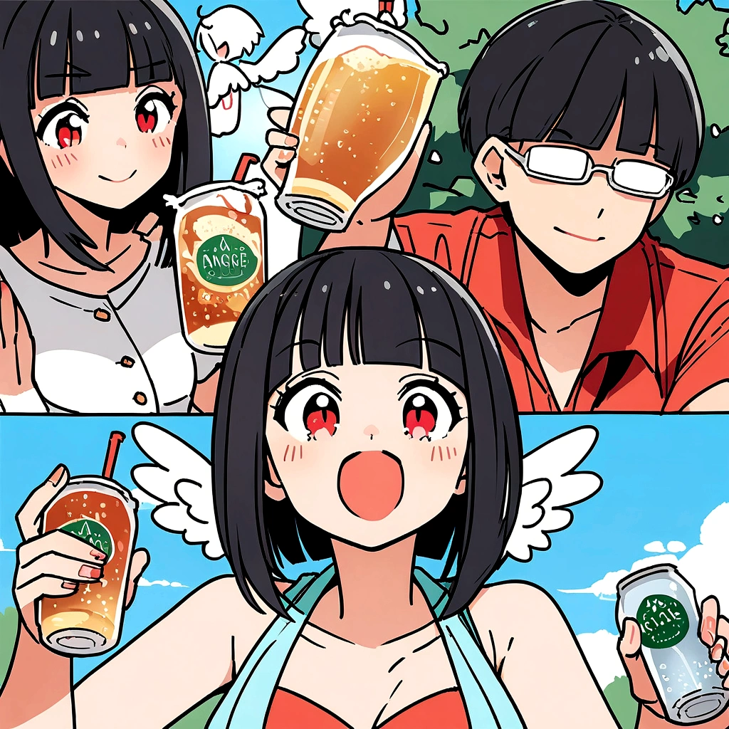 Moe illustration,1人Angel of(Black Hair,Red eyes,Bob Hair,Straight Bangs,Angel of),soda water,cider,summer,Light blue