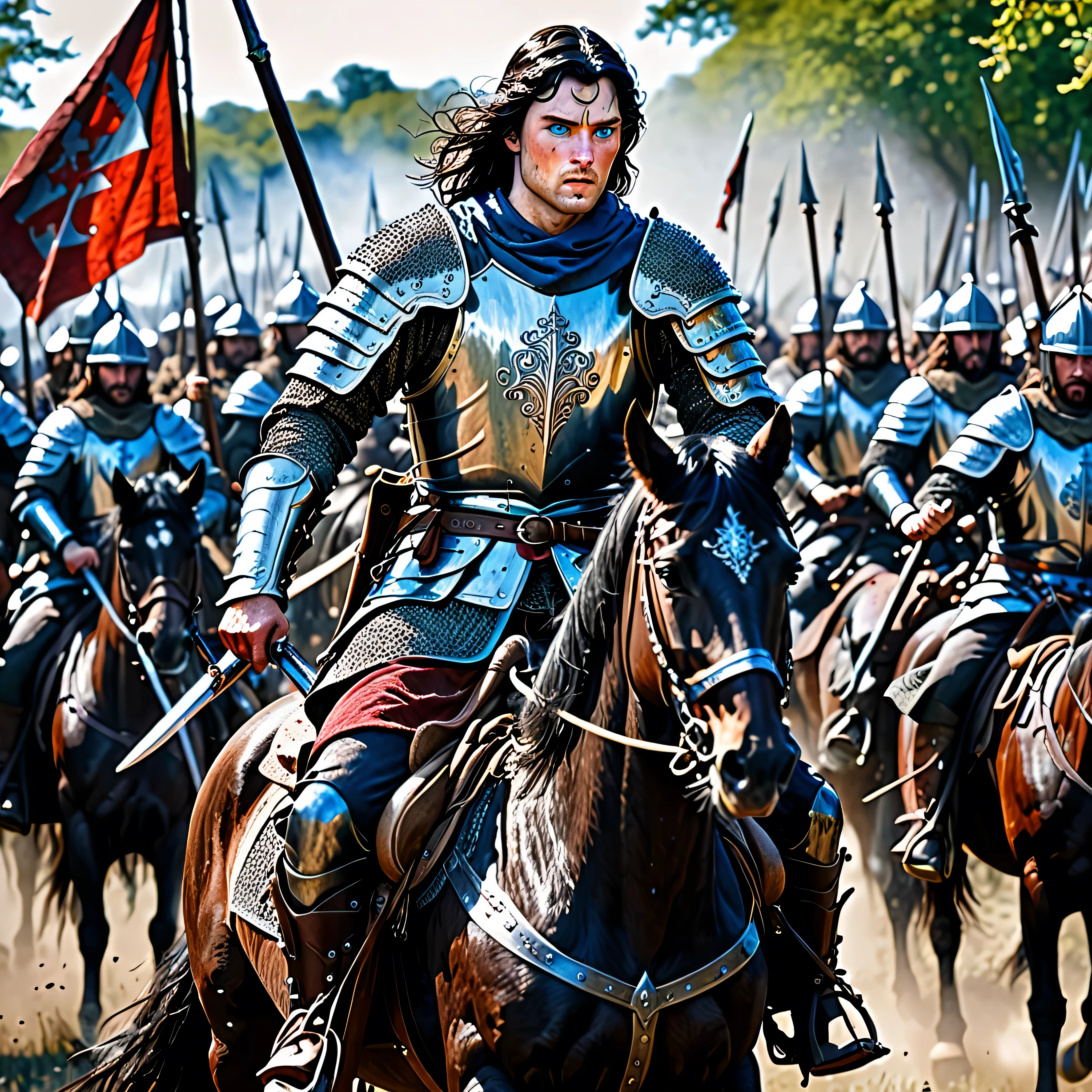 A medieval blue eyed dark haired warrior, on horseback, leading the march of his army into the midst of a violent battle, blood and gore. detailed