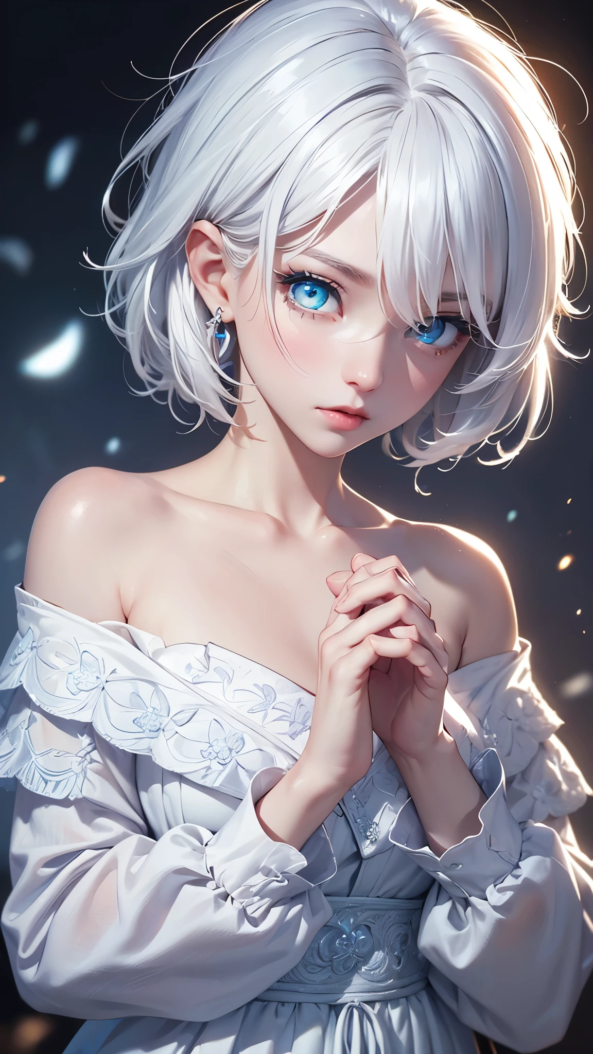 Sleet(Blue base color, white hair)、(Medium Hair)、White skin、Long sleeve off shoulder、resolution, unity 8k wallpaper, (figure:0.8), (Detailed and beautiful eyes:1.6), Highly detailed face, Perfect lighting, Extremely detailed CG, (Perfect hands, Perfect Anatomy), , t
