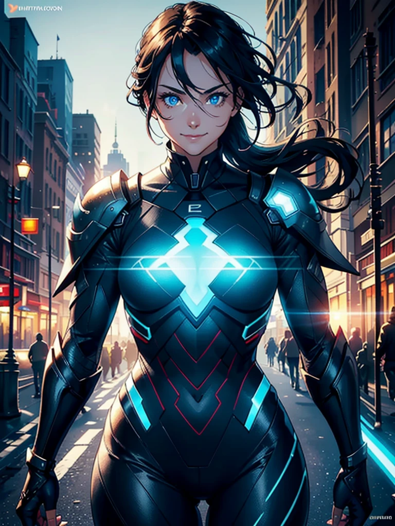 16K, HDR,UHD, RTX, ray tracing, chiaroscuro, best quality, masterpiece, ethereal, perfect illustration, digital artwork, trending on artstation, jaw-dropping perfection, ultra realistic, textured amazing lighting effects, perfect shadows, WLOP, 1girl, beautiful mature edgy woman in a cool long jacket and black pants, superhero suit, stomach covered by clothing, shoulder-length hair, shoulder-length hair, wavy hair, black hair, highly detailed glowing blue eyes, glowing eyes, blue eyes, beautiful glowy blue eyes, detailed eyes, beautiful face, perfect anatomy, broad shoulders, strong upper-body, modern city, city, beautiful weather, stunning sunshine, sunny, daylight, sunlight, modern, nature, daytime, superhero, uplifting, heroic, heroic pose, smiling, smiling at camera, athletic, hands near hips, glowy eyes, daytime, black and blue superhero suit, metal shoulder-pads, summertime, radiant sunlight, beautiful cityscape, hair blowing in wind, manly shoulders, big smile, wide smile, happy eyes, joyful, smiling with teeth, very tall, wide shoulders