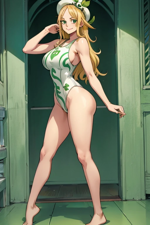 female, blonde long hair, green eyes, (((1girl))), (((light green and white one piece swimsuit))), cute and sexy, full body, large breasts, large butt, long legs, smiling