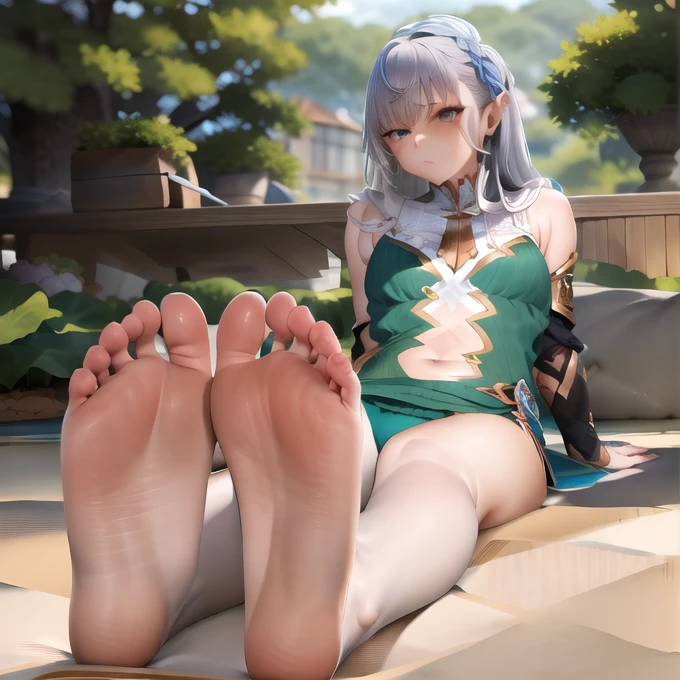 masterpiece, best quality, 1girl, grey eyes, silver hair, long hair, pointy ears, bored, sitting, feet up, soles, forest