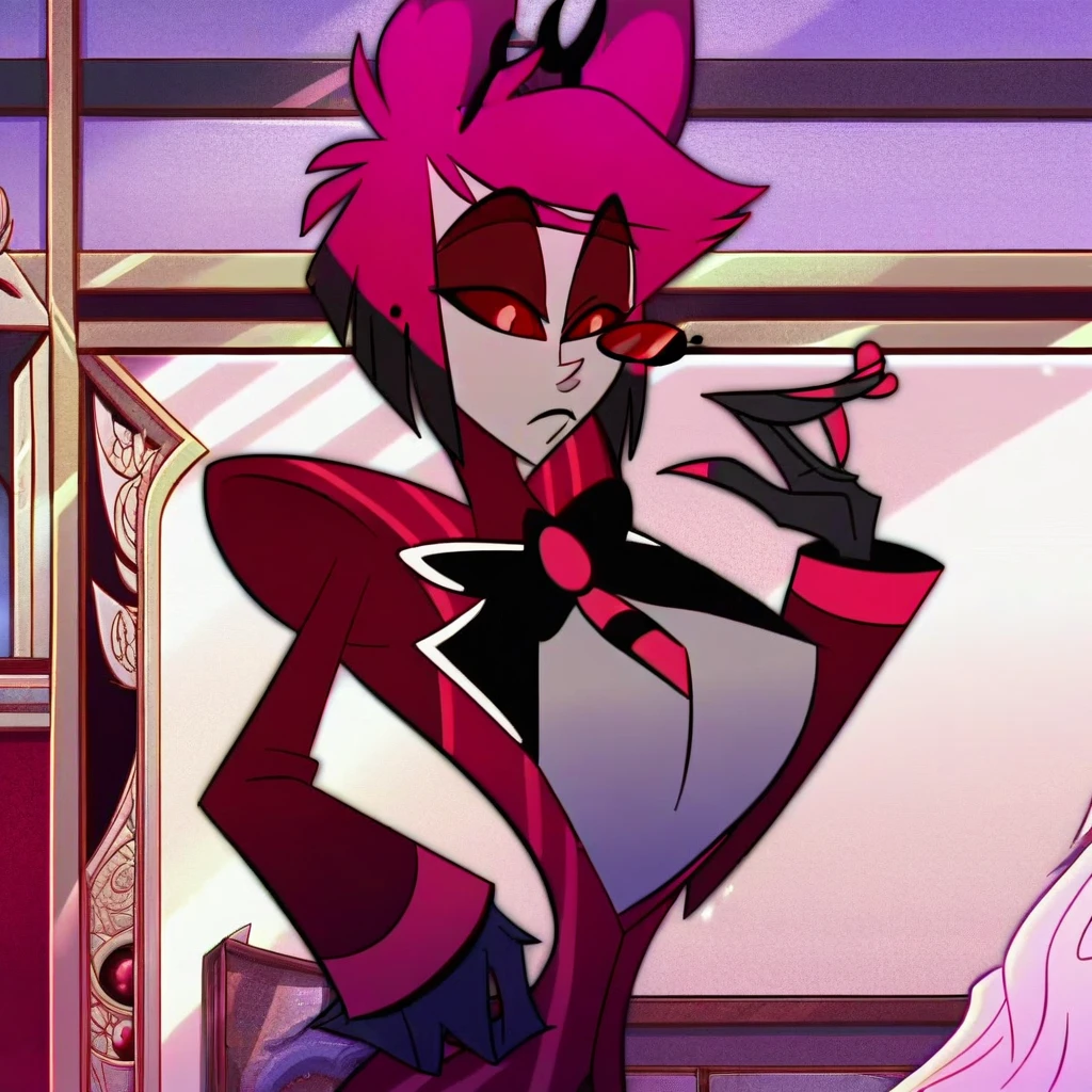 alastor, solo, 1girl, standing, (huge breasts:1.5), grey skin, red suit, monocle, BREAK score_9, score_8_up, score_7_up, score_6_up, (((screencap)))