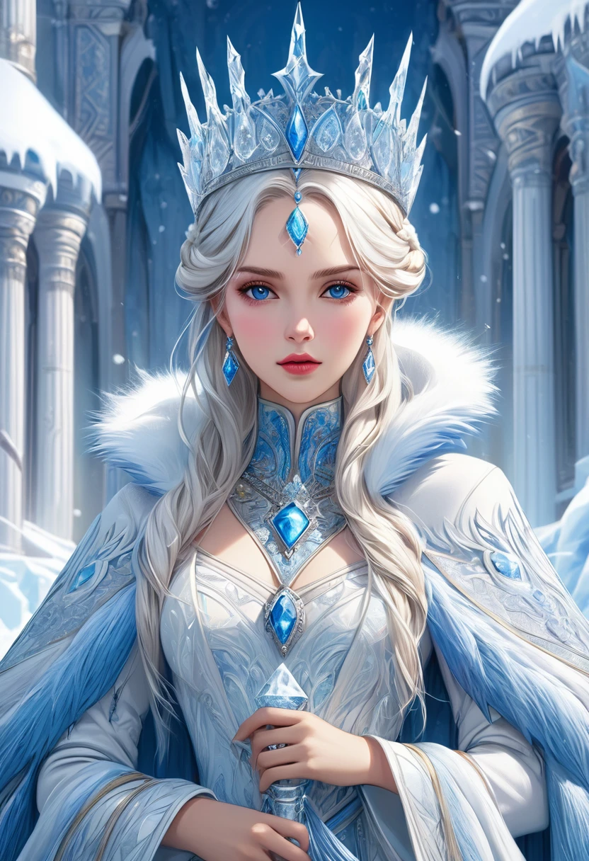 An extremely detailed close-up of a beautiful and elegant queen ruler of a world of ice and snow wearing a crown. The background is a magnificent ice and snow western style palace. Fantasy art style masterpiece. Fantastic fantasy world. Optical realistic style. Ultra detailed digital art. Realistic masterpiece. (best quality)