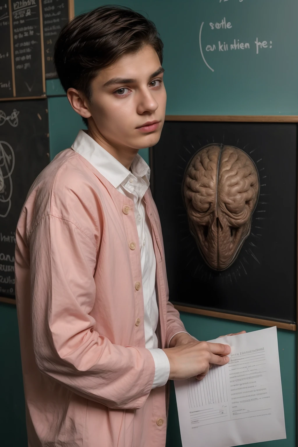 A beautiful young male twink, cute, with black hair, a face with reddish make-up, wearing a bright white long-sleeved shirt and aqua blue pants. He is in his office, and behind him is a blackboard on which is written the shape of the brain and its anatomy, from which nuclear energy emerges, and in his hand is a paper sheet with manuscripts on it. The phrase “The Greatest Mind.”
