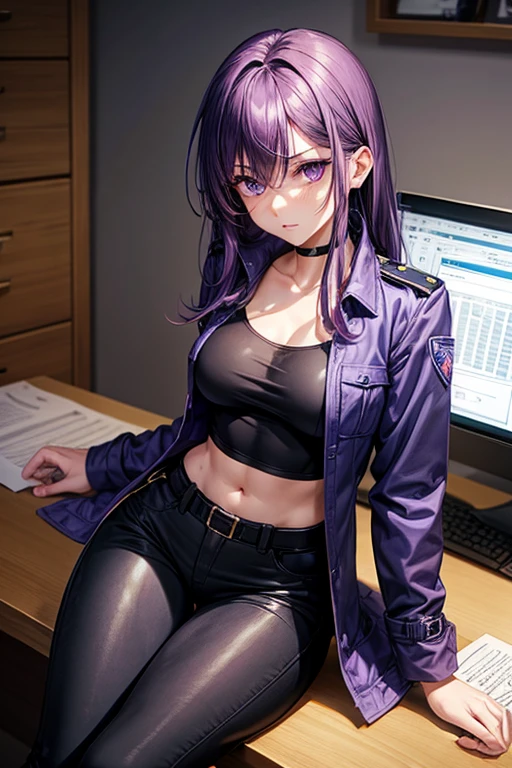 Draw Misha Fox, a unique female character. Waist-length purple hair all messed up. thin purple eyebrows, purple eyes. sleepy facial expression. small, firm and perky breasts, thin waist, big and perky butt, athletic body. She is dressed and equipped with a police uniform, pants, coat, combat boots and black bulletproof vest. sitting at her desk in a work environment focused on investigations.