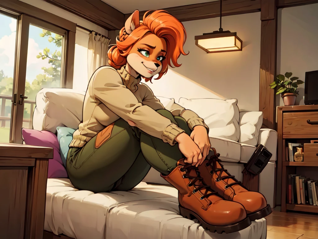 (best quality,4k,8k,highres,masterpiece:1.2),ultra-detailed,realistic:1.37,portrait,anthro bandicoot girl redhead, braided hair, beautiful green eyes, relaxing moment, sexy ,seductive, warm sweater, camouflage pants, army boots, smirking, cozy lighting, vibrant colors , girl anthro , sweater, camouflage pants, army boots, hands to boots