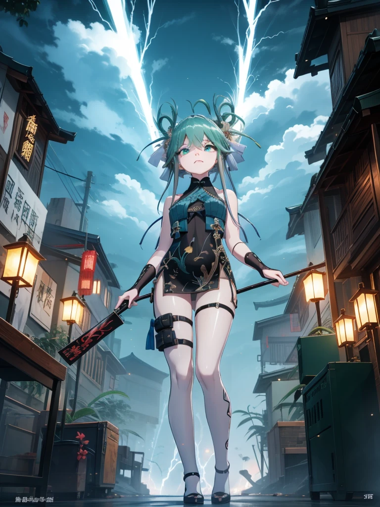 , Standing in front of a dragon statue, Holding a folding fan, Glaze expression, Wearing a green Chinese short dress, Heel, Beautiful Eyes, close, thunder efect, Lightning Particles, Outdoor, masterpiece