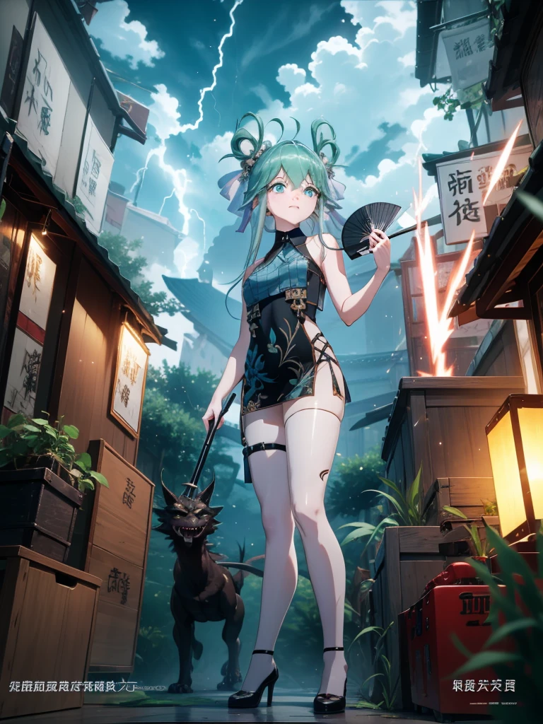 , Standing in front of a dragon statue, Holding a folding fan, Glaze expression, Wearing a green Chinese short dress, Heel, Beautiful Eyes, close, thunder efect, Lightning Particles, Outdoor, masterpiece