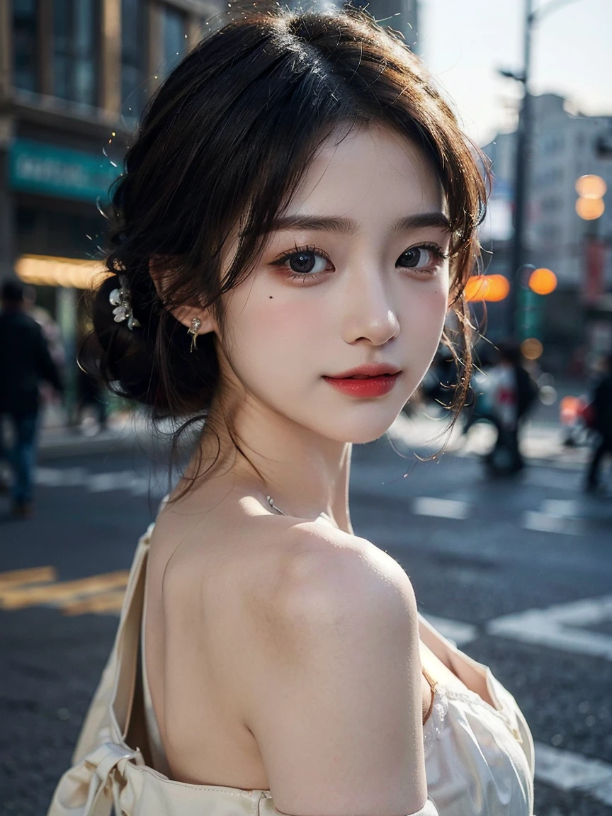(((best quality))),(((ultra detailed))),(((masterpiece))),illustration,((1 beautiful girl,solo)),((slim,thin)),((small breasts,flat chest)),(short ponytail:1.2), summer night, city streets, (strapless white bra:1.3),gentle breeze, see-through shirt,rolled-up sleeves, casualness, youthful charm, natural beauty, facial features,ankles, vibrant colors, neon signs, streetlights, bustling activity, cars buzzing by, chatter of people, confident, ease, white outfit, vibrant urban landscape,(standing:1.3),((from front,close-up of face))