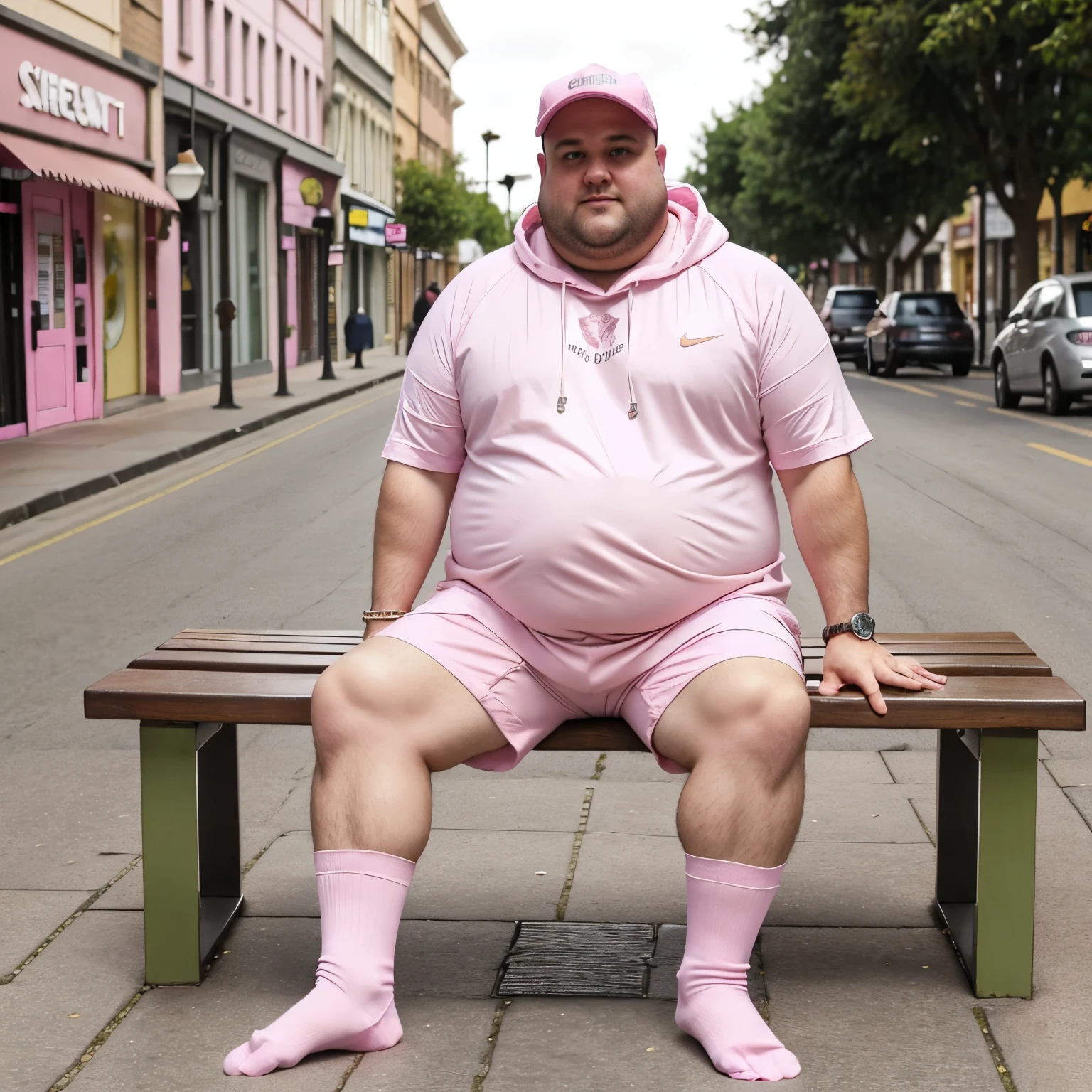 A full body photo in town street, a very fat 300 pound 30-year-old shoeless guy Aaron Frew with clean shaved undercut light-pink haircut wearing pink socks, carhartt pink open hoodies, white Nike t-shirt showing off overhanging belly and full chest ,olive green cargo shorts, just in pink socks, shoeless, lots of silver rings, chains, bracelets, brown short undercut hair, sitting on a bench in his pink socks, showing off his pink socks, no shoes