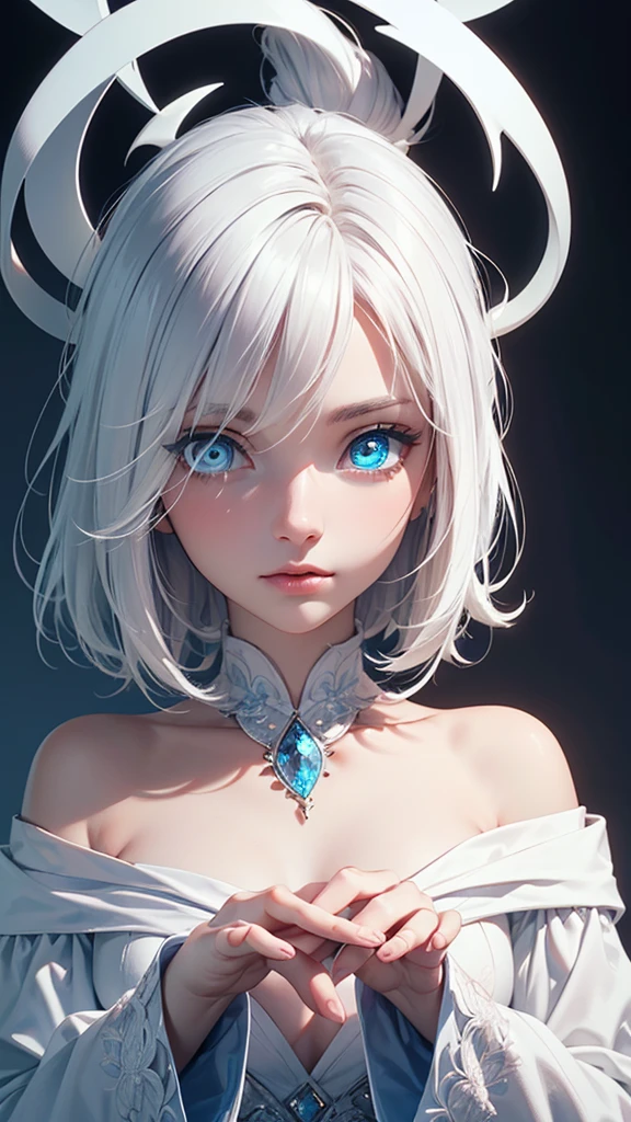 Sleet(Blue base color, white hair)、(Medium Hair)、White skin、Long sleeve off shoulder、resolution, unity 8k wallpaper, (figure:0.8), (Detailed and beautiful eyes:1.6), Highly detailed face, Perfect lighting, Extremely detailed CG, (Perfect hands, Perfect Anatomy), , t