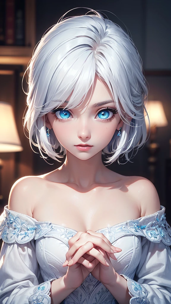 Sleet(Blue base color, white hair)、(Medium Hair)、White skin、Long sleeve off shoulder、resolution, unity 8k wallpaper, (figure:0.8), (Detailed and beautiful eyes:1.6), Highly detailed face, Perfect lighting, Extremely detailed CG, (Perfect hands, Perfect Anatomy), , t