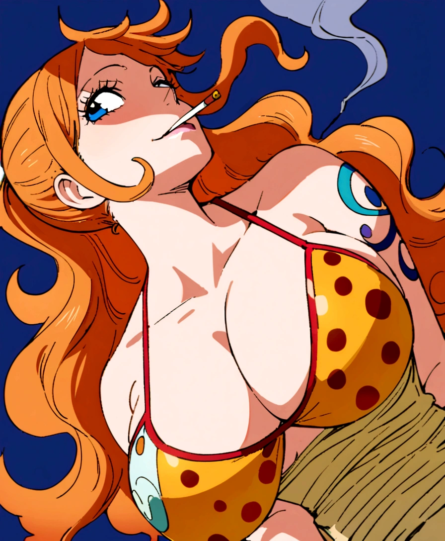 a cartoon picture of a woman in a bikini top and jeans, nami one piece, nami from one piece, nami, beautiful portrait of nami, from one piece, oppai, blue eyes, smoking, ponytail