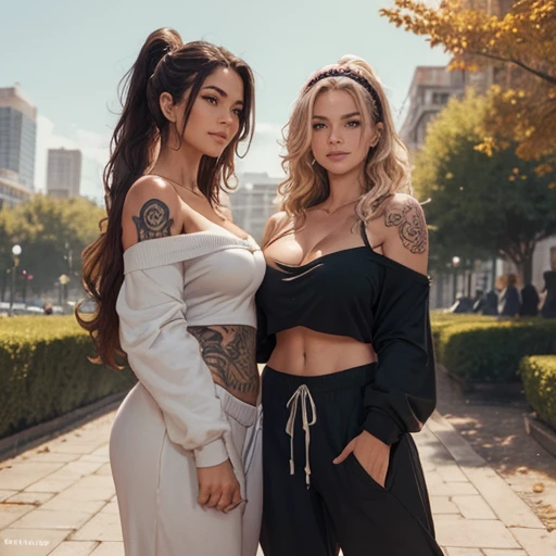 Two women with different hair colors next to each other: Athletic fit 30 year old fitness athlete woman, amazingly long wavy  voluminous flowing hair down her back to her thighs in a ponytail, big beautiful green eyes, MANY freckles, muscle tone, wet and glistening from sweat, wearing low-rise oversized sweatpants-shorts, ((( IMPORTANT: and a huge loose baggy oversized low-cut comfy big sweatshirt with ONE wide-neck-hole that goes all around off-shoulder and cleavage in one big swoop 1.3))), very tall socks and cute sneakers,  small muscle definition in shoulders and belly, curvy, juicy wide hips, thick thighs, nice big muscular ass, mature gorgeous incredible pretty face, grinning, many tattoos on her body, posing in a beautiful ornate flower garden in the morning, Instagram model, (((small breasts 1.3))), (((camera very high up and pointed down and closeup and wide-angle-lens and bokeh and incredible colors and  professional photographer 1.3))) doing yoga in park, SFW, abs,photorealistic,super long hair, incredible outfit that makes sense practically and beautifully for an autumn morning when it's sunny but a little windy, , headband, all clothes are one color