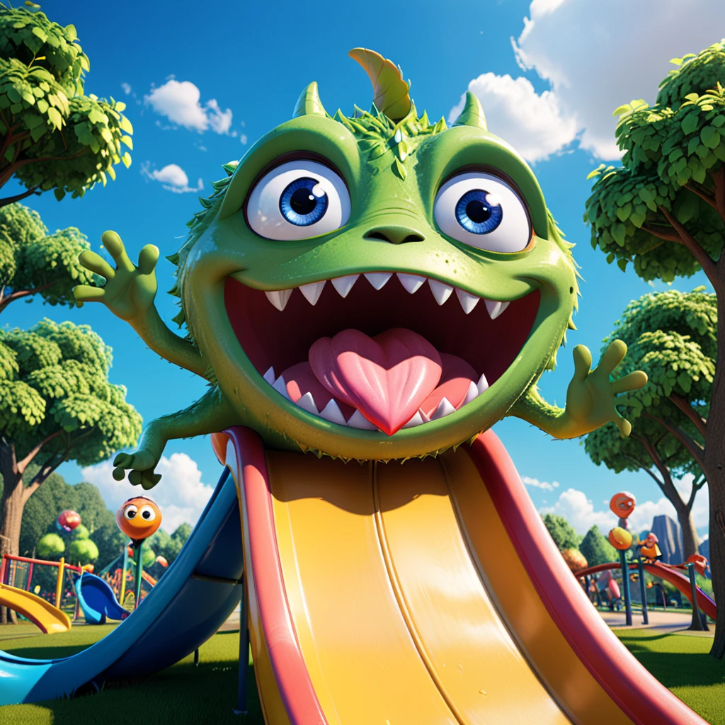 A cute park monster with big eyes and long tongue, joyfully playing on a slide in the park. The cartoon character is designed in the style of Pixar animation studio, created using C4D software. It has a colorful and vibrant color scheme and showcases an excited expression through a speech bubble saying "Whee!". --ar 1:1 --v 6.0 --3D render