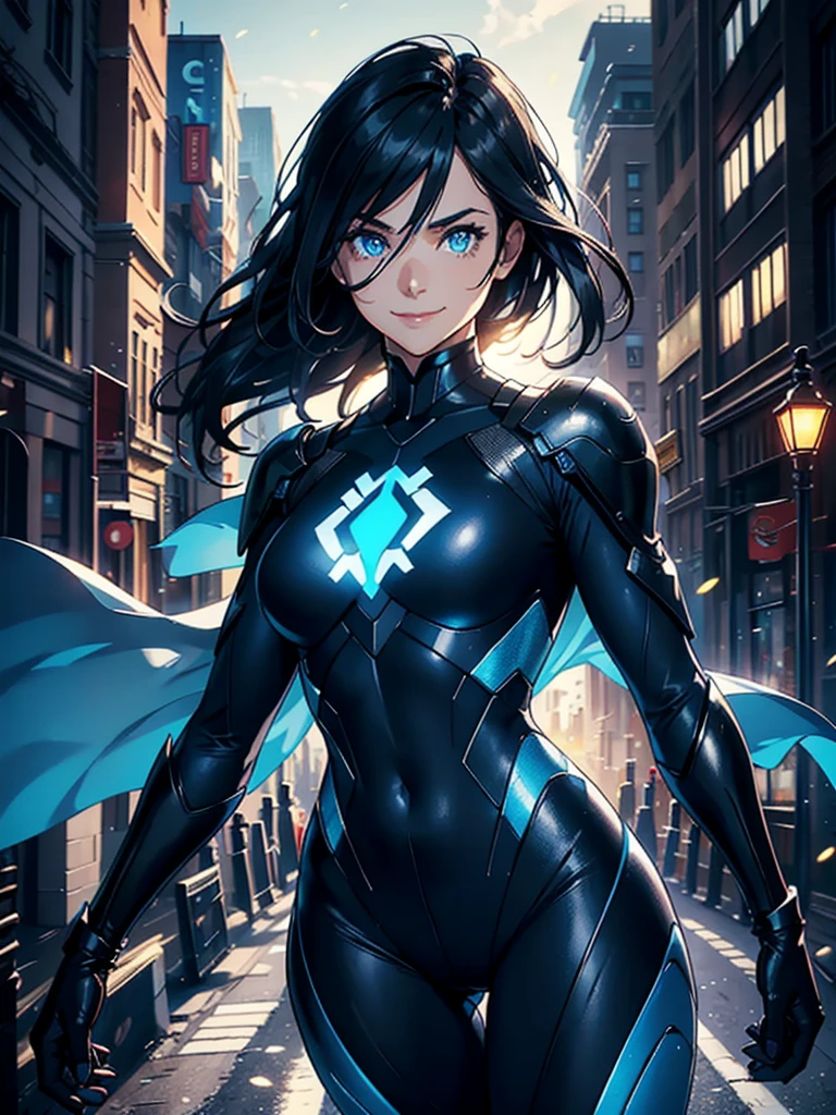 16K, HDR,UHD, RTX, ray tracing, chiaroscuro, best quality, masterpiece, ethereal, perfect illustration, digital artwork, trending on artstation, jaw-dropping perfection, ultra realistic, textured amazing lighting effects, perfect shadows, WLOP, 1girl, beautiful mature edgy woman in a cool long jacket and black pants, superhero suit, stomach covered by clothing, shoulder-length hair, shoulder-length hair, wavy hair, black hair, highly detailed glowing blue eyes, glowing eyes, blue eyes, beautiful glowy blue eyes, detailed eyes, beautiful face, perfect anatomy, broad shoulders, strong upper-body, modern city, city, beautiful weather, stunning sunshine, sunny, daylight, sunlight, modern, nature, daytime, superhero, uplifting, heroic, heroic pose, smiling, smiling at camera, athletic, hands near hips, glowy eyes, daytime, black and blue superhero suit, metal shoulder-pads, summertime, radiant sunlight, beautiful cityscape, hair blowing in wind, manly shoulders, big smile, wide smile, happy eyes, joyful, smiling with teeth, very tall, wide shoulders