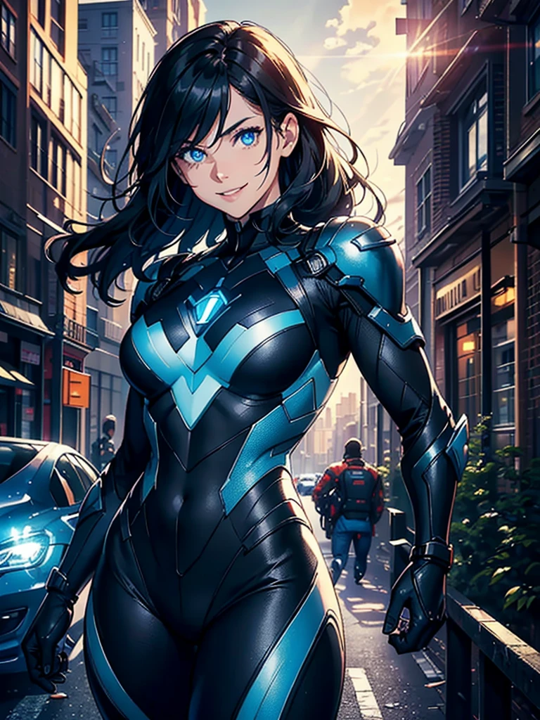 16K, HDR,UHD, RTX, ray tracing, chiaroscuro, best quality, masterpiece, ethereal, perfect illustration, digital artwork, trending on artstation, jaw-dropping perfection, ultra realistic, textured amazing lighting effects, perfect shadows, WLOP, 1girl, beautiful mature edgy woman in a cool long jacket and black pants, superhero suit, stomach covered by clothing, shoulder-length hair, shoulder-length hair, wavy hair, black hair, highly detailed glowing blue eyes, glowing eyes, blue eyes, beautiful glowy blue eyes, detailed eyes, beautiful face, perfect anatomy, broad shoulders, strong upper-body, modern city, city, beautiful weather, stunning sunshine, sunny, daylight, sunlight, modern, nature, daytime, superhero, uplifting, heroic, heroic pose, smiling, smiling at camera, athletic, hands near hips, glowy eyes, daytime, black and blue superhero suit, metal shoulder-pads, summertime, radiant sunlight, beautiful cityscape, hair blowing in wind, manly shoulders, big smile, wide smile, happy eyes, joyful, smiling with teeth, very tall, wide shoulders, sunlight, blue logo on chest