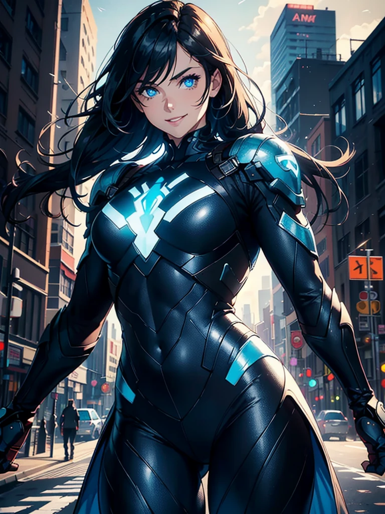 16K, HDR,UHD, RTX, ray tracing, chiaroscuro, best quality, masterpiece, ethereal, perfect illustration, digital artwork, trending on artstation, jaw-dropping perfection, ultra realistic, textured amazing lighting effects, perfect shadows, WLOP, 1girl, beautiful mature edgy woman in a cool long jacket and black pants, superhero suit, stomach covered by clothing, shoulder-length hair, shoulder-length hair, wavy hair, black hair, highly detailed glowing blue eyes, glowing eyes, blue eyes, beautiful glowy blue eyes, detailed eyes, beautiful face, perfect anatomy, broad shoulders, strong upper-body, modern city, city, beautiful weather, stunning sunshine, sunny, daylight, sunlight, modern, nature, daytime, superhero, uplifting, heroic, heroic pose, smiling, smiling at camera, athletic, hands near hips, glowy eyes, daytime, black and blue superhero suit, metal shoulder-pads, summertime, radiant sunlight, beautiful cityscape, hair blowing in wind, manly shoulders, big smile, wide smile, happy eyes, joyful, smiling with teeth, very tall, wide shoulders