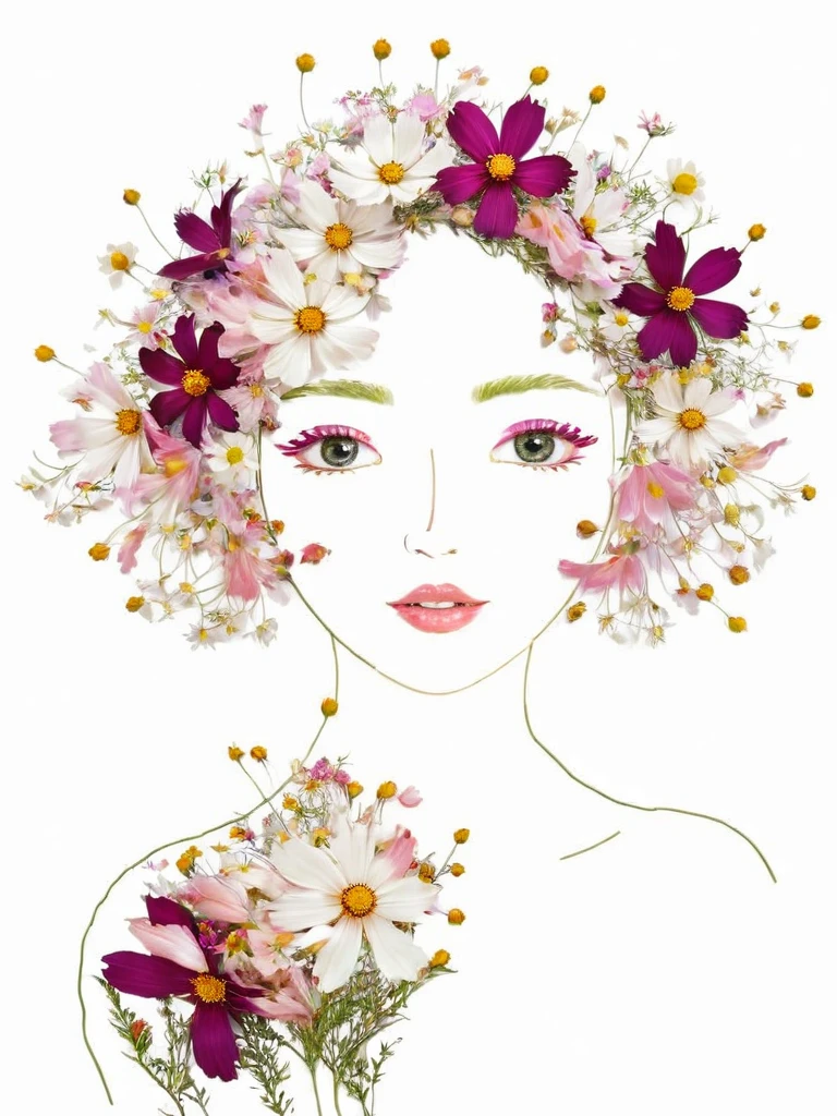 Fall Leaf Crafts, Girl made of flowers, Cosmos、Portraiture, White Background、