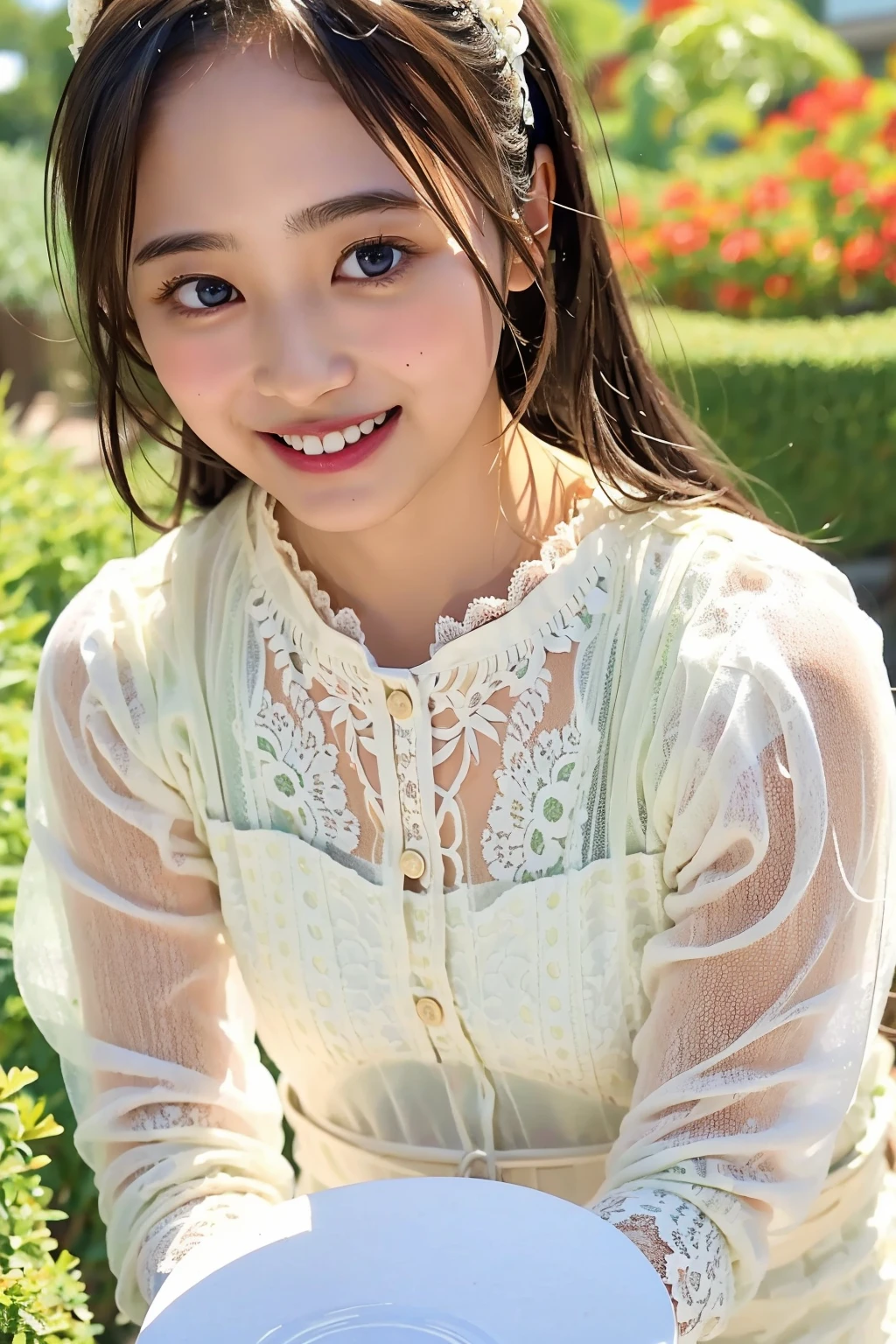 (((upper body shot))),Ultra-high resolution,big eyes,(brown eyes),Japanese,(forehead),(long hair),(a girl),(1 girl),((18-year-old)),cute,pretty,((facing at viewer)),grin,(((white lace uniform)))