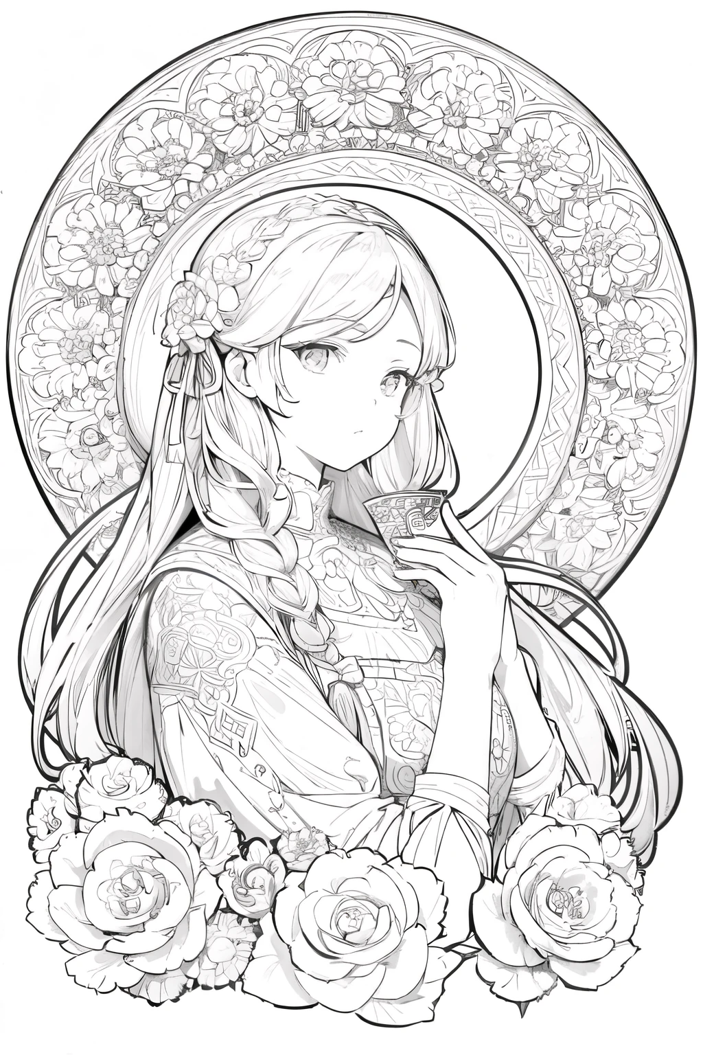 (Line art:1.4)、Monochrome、(No solid paint:1.4)、sketch、(Highest quality, masterpiece, High resolution:1.4)、(4k art)、European woman face portrait, Long Curly Hair, Floral frame, Decorative panel, Alphonse Mucha's style, Characters without color or shadow.
detailed, Intricate details, Fibonacci, ((White Background))、