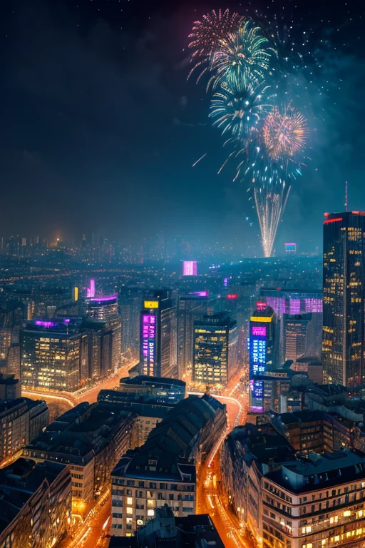 ((masterpiece)),((Highest quality)),((High detail)),((Realistic,)) Future City, Architecture Street, Bazaar, cyber punk, European architecture, night, neon, Panorama view, Mr.々Building, new year, firework, Panorama, colorful firework, sky with firework, landscape, Detailed face, Detailed bright eyes, Highly detailed eyes