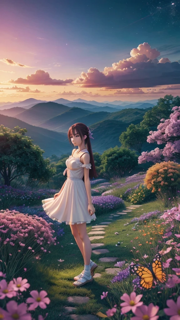 Design an ultra HD 4K anime wallpaper inspired by the movie 'Suzume.' The scene should capture the essence of the movie, reflecting its beautiful, mystical, and adventurous themes. Incorporate key elements such as Suzume standing in a serene yet slightly mysterious environment. Surround her with elements of nature like lush greenery, colorful flowers, and an open sky with dynamic clouds. Add a touch of fantasy by including magical or otherworldly elements, such as glowing butterflies or floating lights. Ensure the color palette is vibrant yet balanced, with a focus on evening hues like soft oranges and purples to create a dreamy, enchanting atmosphere."