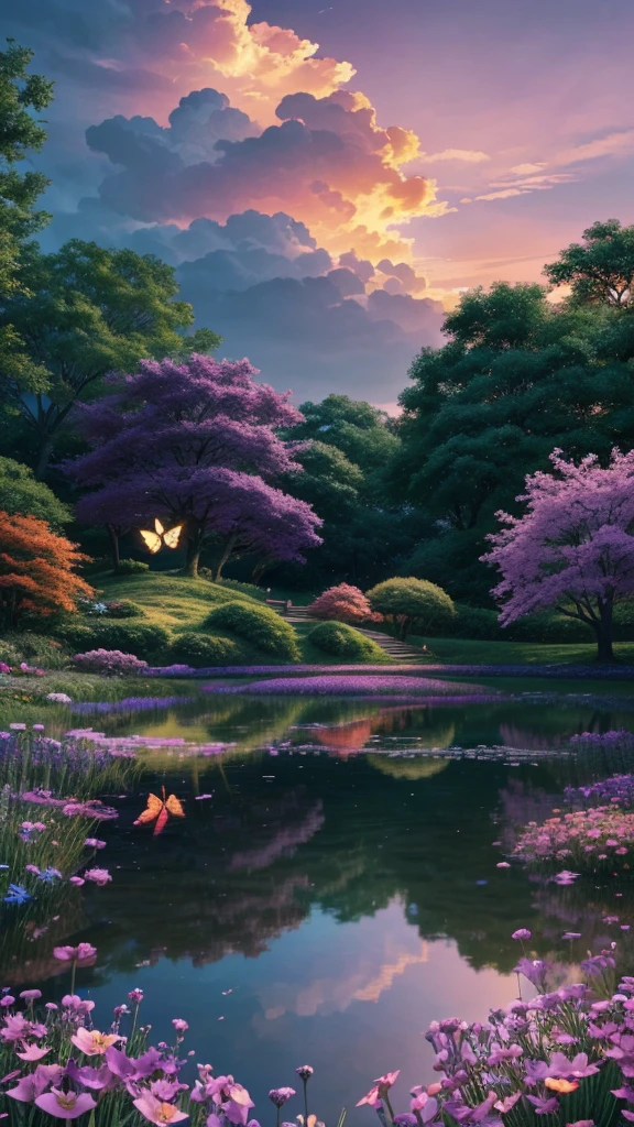 Design an ultra HD 4K anime wallpaper inspired by the movie 'Suzume.' The scene should capture the essence of the movie, reflecting its beautiful, mystical, and adventurous themes. Incorporate key elements such as Suzume standing in a serene yet slightly mysterious environment. Surround her with elements of nature like lush greenery, colorful flowers, and an open sky with dynamic clouds. Add a touch of fantasy by including magical or otherworldly elements, such as glowing butterflies or floating lights. Ensure the color palette is vibrant yet balanced, with a focus on evening hues like soft oranges and purples to create a dreamy, enchanting atmosphere."