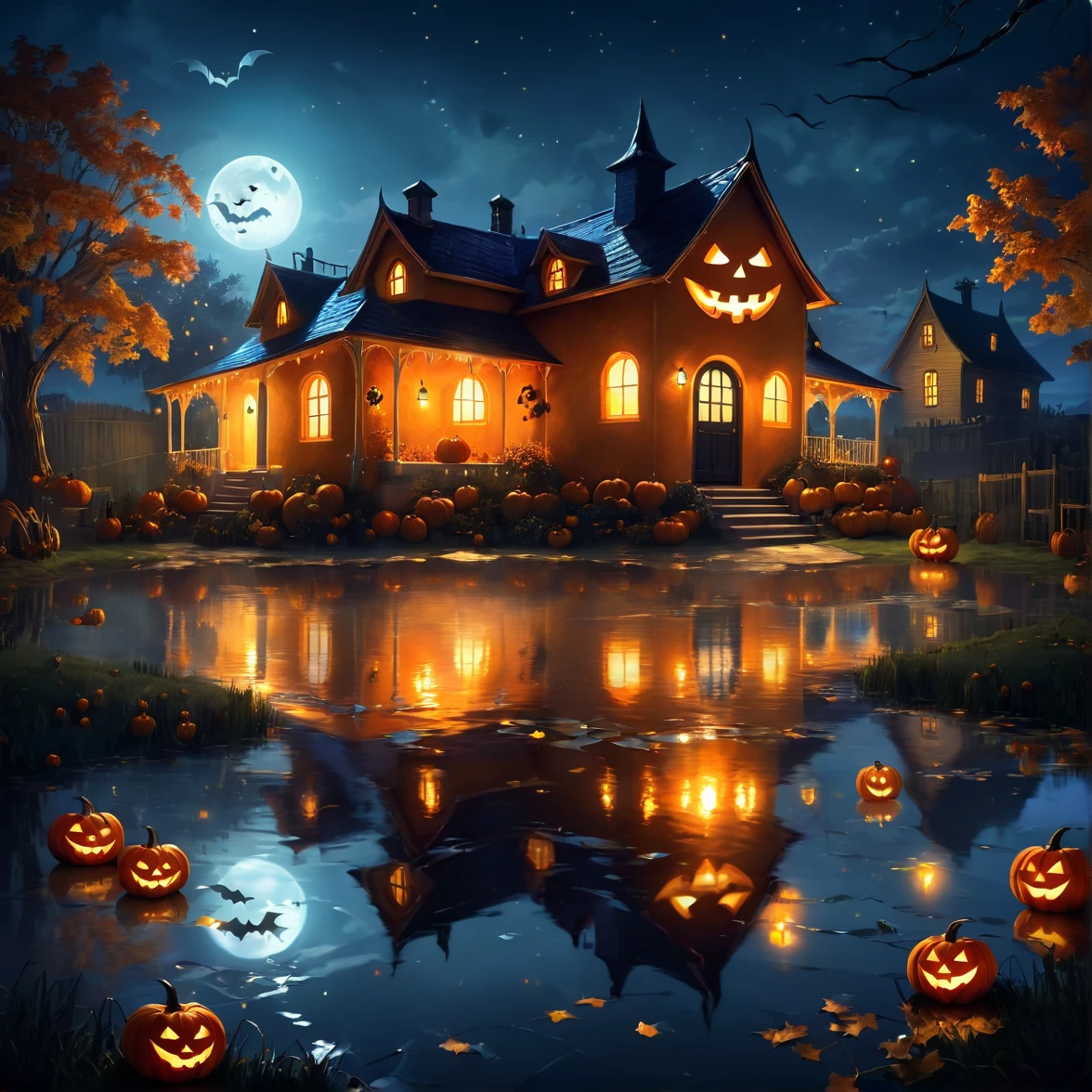 Luzes flutuantes de halloween, Cinematic light and reflection, glittering lights, Casas temas de halloween，digitalpainting, glossy reflections, Pumpkin Halloween Jack-o'-lantern, calm evening, Digital illustration, bela atmosfera, Skylight at night, Calm atmosphere at night, Jack-o&#39;-flashlight, halloween, the night, halloween, surrounded by clouds, colors beautiful, There are three arches in the foreground((colored ink)), ( (splash tint ) ), ((splash tint) tenebrosa})), Masterpiece artwork, High Quarity, Gorgeous graphics, high détail, Magnificent, (Competition winning art)