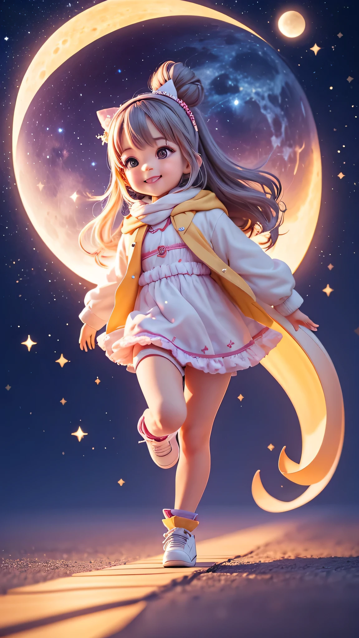 Lulu sliding along the star path towards the moon with excitement.