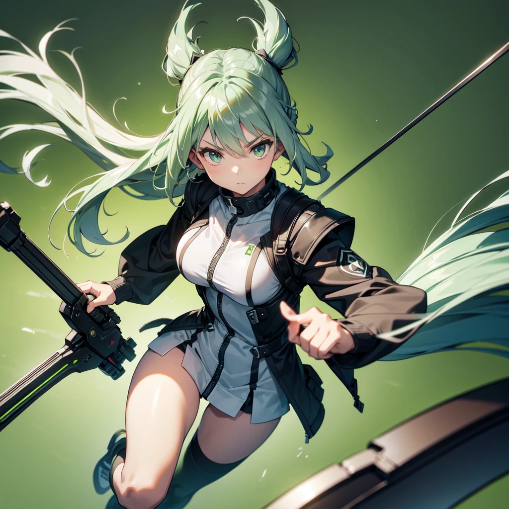 1girl、Dynamic composition、((Perspective Lens, Gray hair and light green gradient hair color, Long Hair、 A dynamic pose with a serious and determined expression, Holding a large crossbow and pulling it towards the viewer )) 、((Pure Green Background:1.2)),Looks like she&#39;s in her early 20s,Shooting in mid-motion,With her long braided hair fluttering. Her outfit is reminiscent of cyberpunk.,Black and lime green color palette,And she&#39;s casually throwing money around,Be playful、Super huge、whole body、detailed、crossbow