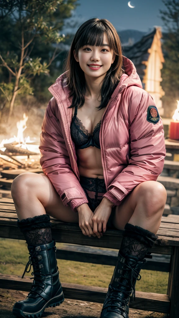 nsfw、(((Night view)))、White Breath、Beautiful starry sky、In the mountains、smile、in the forest、winter、Cottage))、Sit in front of the bonfire、Outdoor、(((Front open down jacket)))、((Leg warmers))、((Trekking boots))、 table、((Big Breasts))、short hair、((blunt bangs))、High resolution、High resolution、In 8K、Real Live Action、RAW Photosgraphy、Highest quality、masterpiece、tableトップ、erotic,White skin,knees, Absurd,Small face、masterpiece,Highest quality、超High resolution,RAW Photos,only,One person, One personで,whole body、very nice、Japanese women,(Realistic:1.4)、Photon Mapping、Realistic、Beautiful woman、物理ベースのonlyダリング、Qianfang、Depth of field rally background、 Soft Nose, Sparkling eyes、Glossy Lips、((Spread your legs))、(((A detailed design of black lace pink lingerie is visible)))、(((Small Ultra Micro Scanty)))