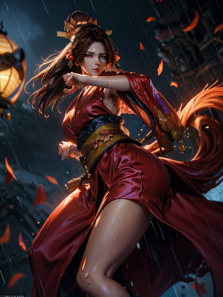 (exquisitely detailed CG unity 8k wallpaper, masterpiece-quality with stunning realism), (best illumination, best shadow), (best quality), (elegant style:1.2), Arti modern anime. angled view, heroic pose, midshot, (cel-shading style:1.3), centered image, ultra detailed closeup portrait of (Mai Shiranui:1) from (King of Fighters), best quality, expressive eyes, perfect face, highres, (ultra details), 1 girl, solo, (brown hair:1), hair ornament, eyeshadow, (gold, white and mainly red qipao:1), highly ornamented, (in Shinjuku, Tokyo:1), portrait, looking at the viewer, piercing eyes, full body, (light from the angle:1) (wind blowing:1.2).(depth of field effects:1.3) (motion action:1.2) (closeup:1.2) (motion blur effects:1), spreading legs, Thin to transparent,see-through, (((Soggy-kimono:1.2))),Lace fabric, (((water-immersed body: 0.9))), jewellery, (fire in the background:1.1), (asian face:1.2), (nail polish:.6), (makeup:.8), (arms down:1) (2 legs:1), (2 arms:1), (2 hands:1), (fighting battle stance:1.3), (ready to fight:1), (martial arts:1.2)