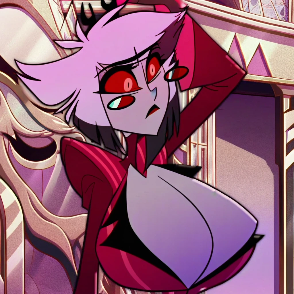 alastor, solo, 1girl, standing, (huge breasts:1.5), grey skin, red suit, monocle, BREAK score_9, score_8_up, score_7_up, score_6_up, (((screencap)))