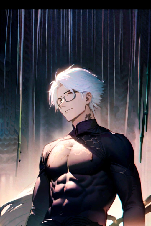 Long white hair, always smile and close the eyes,male,slim,have abs and muscles little, black Chinese long clothes with golden dragon patterns, black dragon tattoos on neck, black rimless glasses on head, black gloves,**close the eyes**,alone,The background have bamboo raining