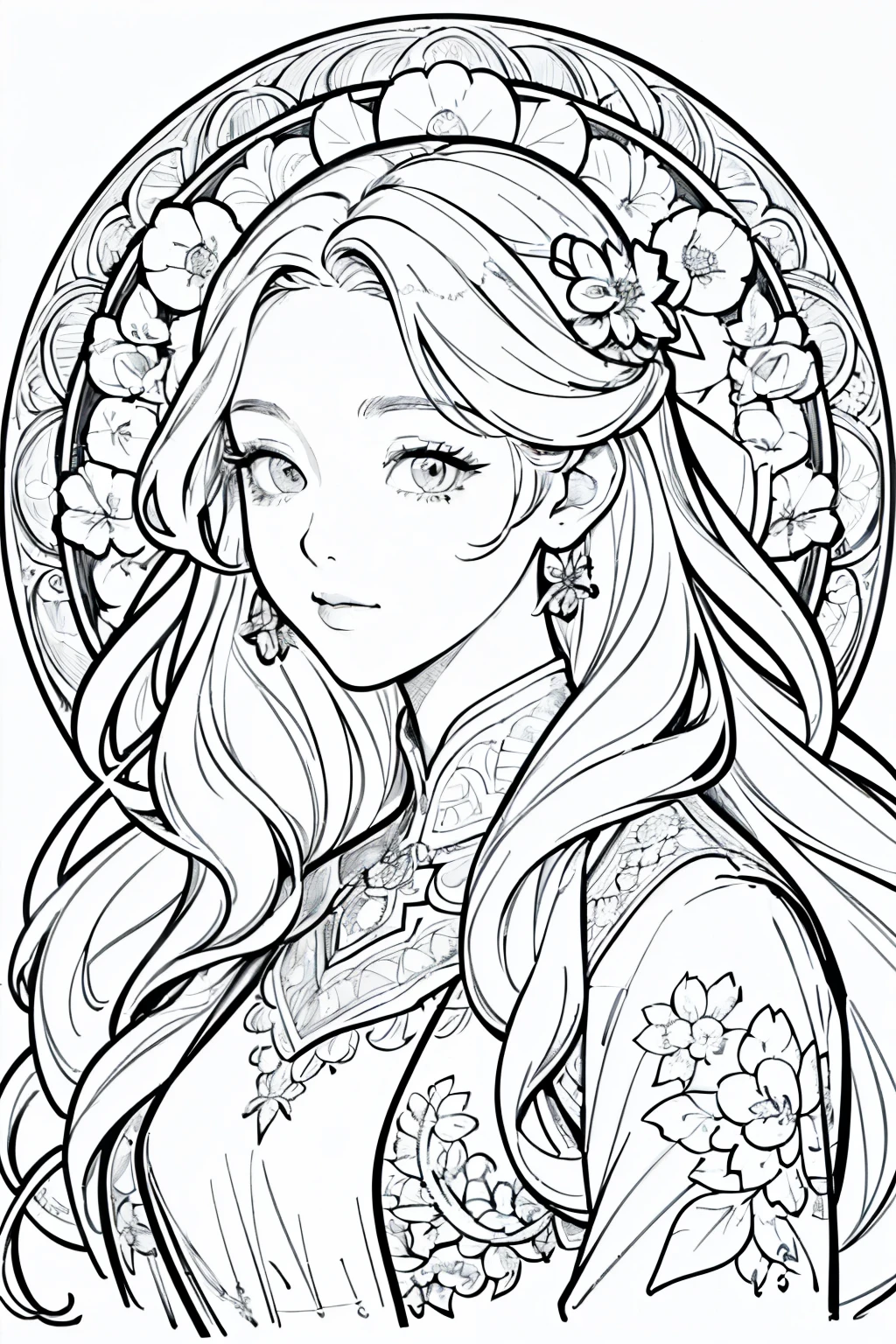 (Line art:1.4)、Monochrome、(No solid paint:1.4)、sketch、(Highest quality, masterpiece, High resolution:1.4)、(4k art)、detailed, Intricate details, European woman face portrait, Long Curly Hair, Floral frame, Decorative panel, Fibonacci, Alphonse Mucha's style, Characters without color or shadow.
(White Background)、